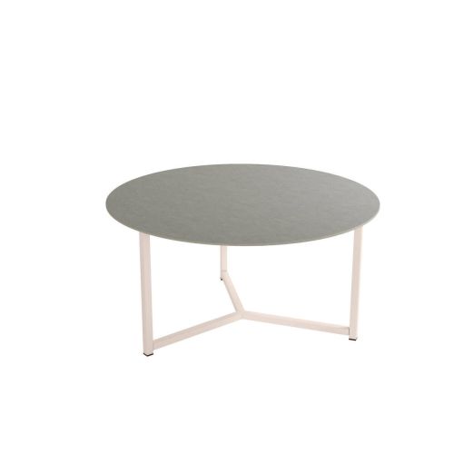 Mesa de centro redonda con estructura metálica marfil y sobre porcelánico acabado piedra BALEAR