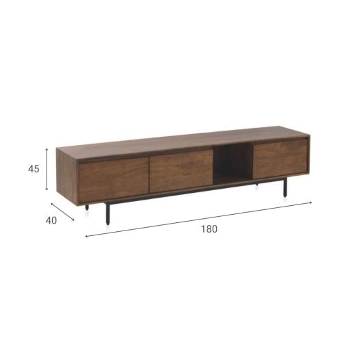 Mueble de televisión de 3 puertas lisas de madera de mango natural con patas de metal GABAR 10822