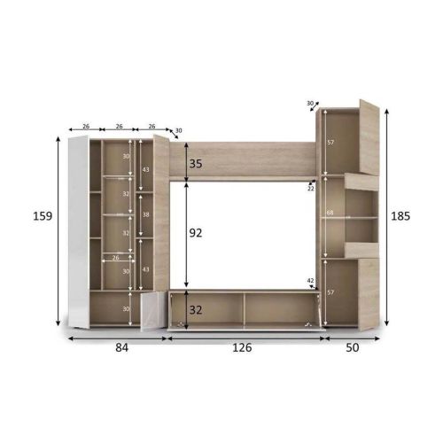 Salón modular acabado en roble canadian y blanco brillo compuesto por un módulo bajo TV, dos vitrinas de 3 puertas y un estante