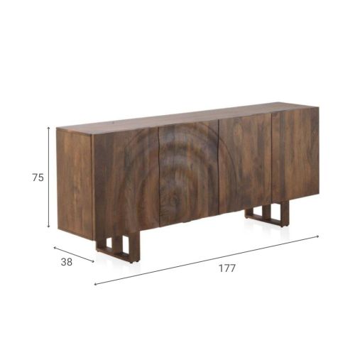 Aparador en acabado natural en madera de mango con puertas de ondas y patas de madera GABAR 11036