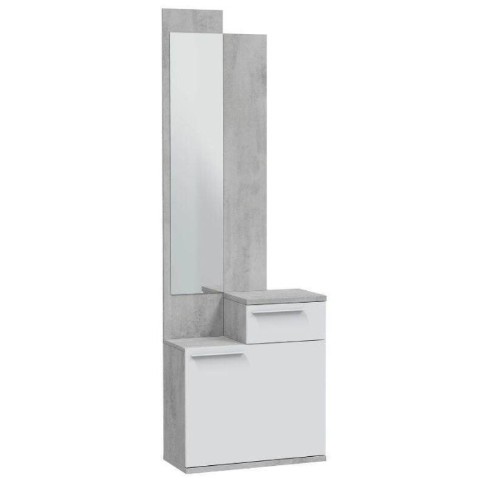 Moderno recibidor con espejo en color gris cemento y blanco