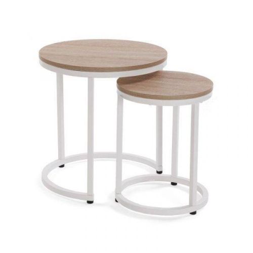 Conjunto de 2 Mesas Auxiliares con Superficie de MDF en Acabado Natural y Estructura Metal Blanca MEGAN