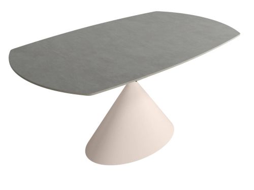 Mesa de Comedor Extensible Ovalada Estructura Metálica Marfil Sobre de Porcelánico Acabado Piedra RIN