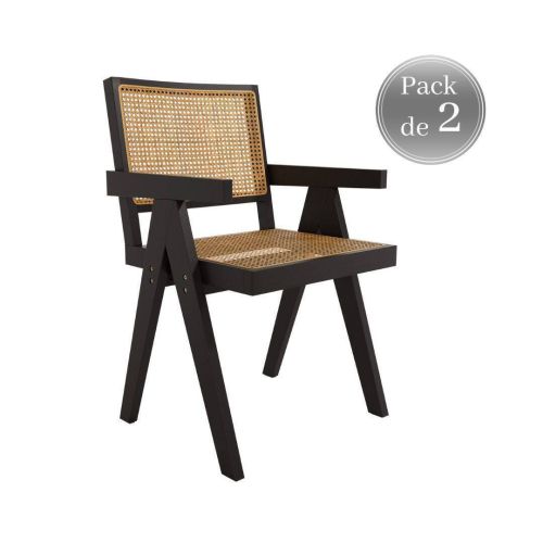 Juego de dos sillas con Asiento de Ratán y Estructura de Madera de Fresno Color negro con brazos ENEA CG3006NR