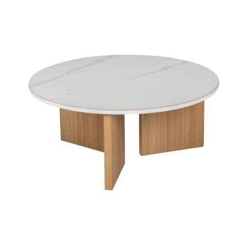 Mesa de Centro Blanco-Natural con Superficie Cerámica y Patas Metálicas 80x80x35 cm 612356