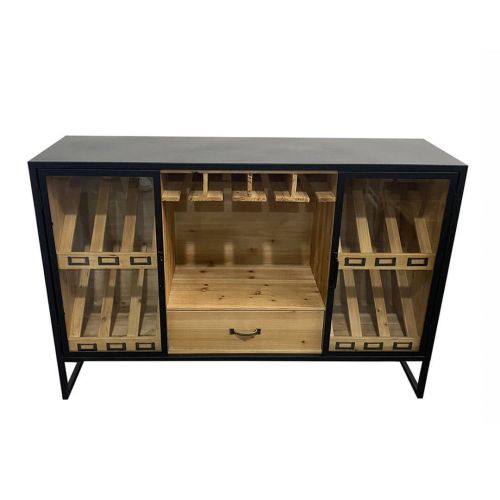 Mueble Bar con Estructura de Madera Natural y Metal Negro Capacidad de Almacenamiento para Botellas y Copas 37-249