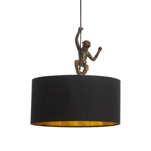 Lámpara de Techo con una Figura de Mono de Resina Color Dorado y Pantalla de Tela Negra 55-467