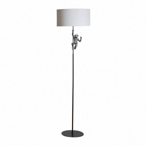 Lámpara de Pie con una Figura de Mono Estructura de Resina Color Plata y Pantalla de Tela Blanca 55-468