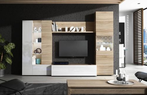 Salón modular acabado en roble canadian y blanco brillo compuesto por un módulo bajo TV, dos vitrinas de 3 puertas y un estante