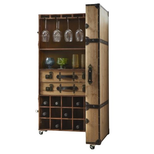 Mueble Bar Abatible en Madera Natural Acabado Negro y Natural con Ruedas 33-70