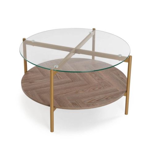 Mesa de Centro de Cristal y Madera con Metal Dorado NIXO 22710040