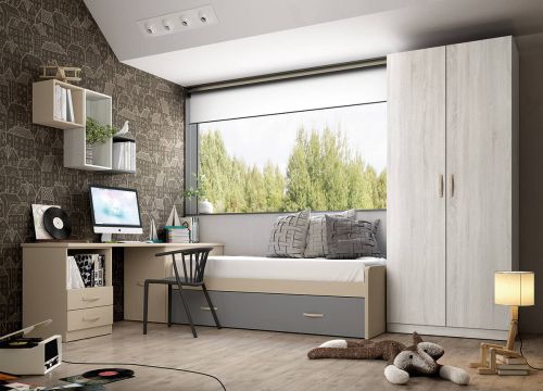 Dormitorio Juvenil con Cama Nido LIDER GO 226 Acabado en Perla/Hibernian/Zinc