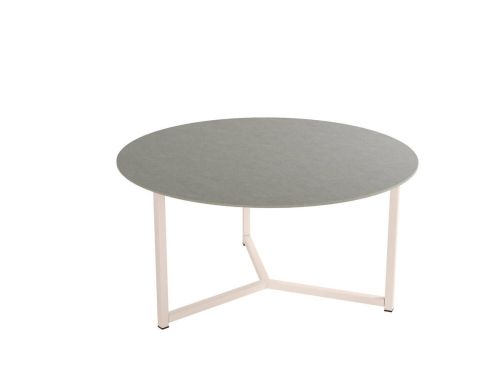 Mesa de centro redonda con estructura metálica marfil y sobre porcelánico acabado piedra BALEAR