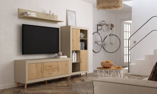 Composición de Salón MOON EVO de Melamina en Acabado Perla y Roble Nº 71