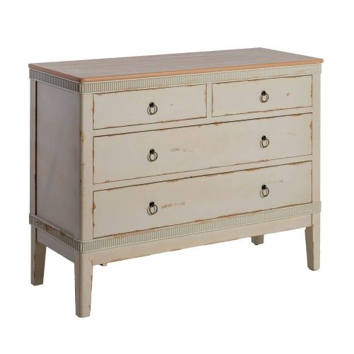 Cómoda de Dormitorio Estructura en Madera Natural y Crema Envejecido 4 Cajones 615204