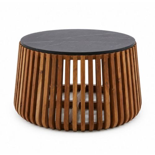 Mesa de Centro Redonda de Madera de Mango y Mármol Negro MB-228708