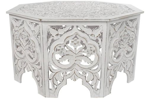 Mesa de Centro Octogonal Tallada en MDF Blanco Envejecido MB-207379