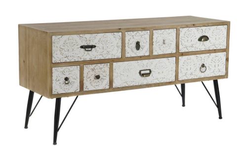 Mueble TV de Abeto Tallado con 8 Cajones y Patas de Metal MB-205965