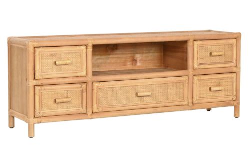 Mueble TV de Madera de Abeto y Ratán Natural 5 Cajones MB-220956