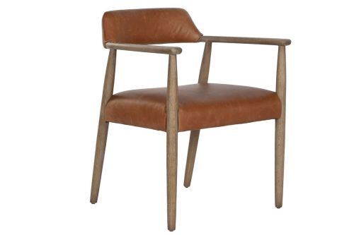 Silla con Brazos en Piel Marrón y Teca Decapé Blanco MB-221644