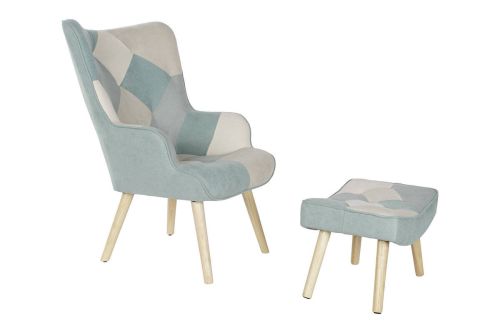 Sillón Orejero Tapizado Multicolor con Reposapiés Madera Hevea MB-207731