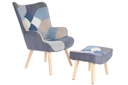 Sillón de Lectura Patchwork con Reposapiés en Lino MB-205533