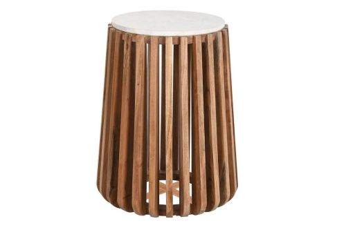 Mesa Auxiliar Redonda de Mármol y Madera de Mango Blanco MB-201499