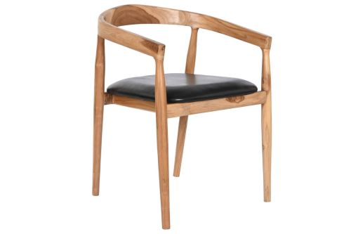 Silla de Comedor con Reposabrazos en Teca y Piel Negra MB-208001