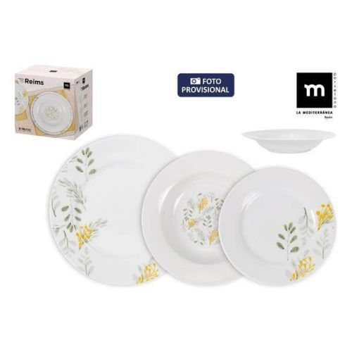Juego de 18 Platos de Porcelana REIMS MD Color blanco con flores Amarillas 9211D1807