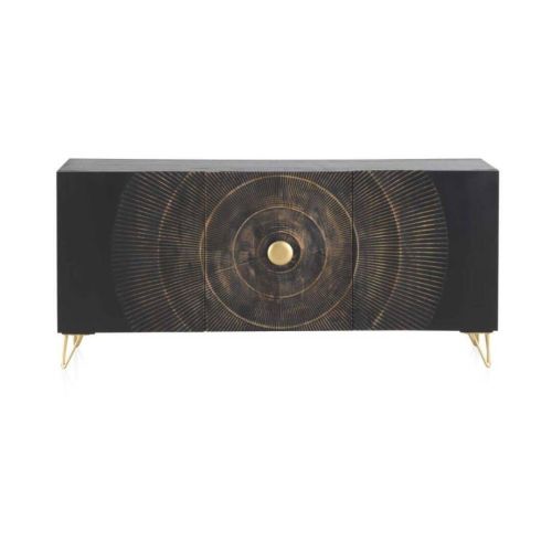Aparador negro de madera de mango de 3 puertas y patas doradas GABAR 10692