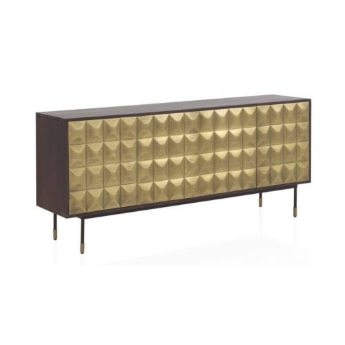 Aparador de 4 puertas de metal dorado y madera maciza de mango y color wengué GABAR 10836