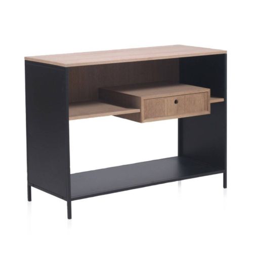 Aparador de madera de fresno con un cajón y base metálica en acabado negro y natural GABAR 10403