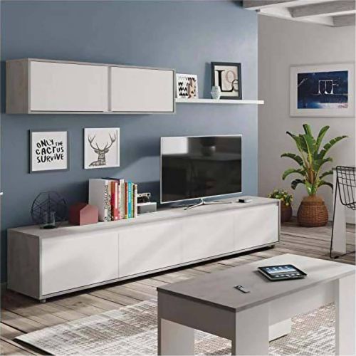 Conjunto para salón cemento y blanco Artik, 1 mueble de TV, 1 módulo superior y 1 estante 016663L