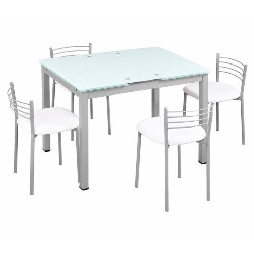 Comedor Completo Mesa de Cristal y 4 Sillas de Polipiel Metal